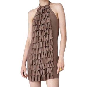 Anthropologie BHLDN va et vien Silk Brown Ruffled Mini Dress Size 4 MSRP 200
